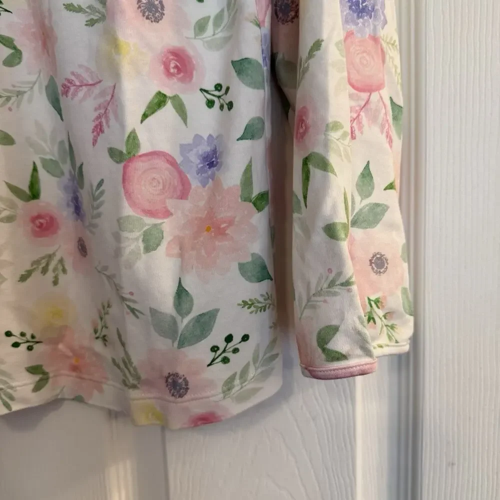 COTN Pajama Top Women XL Long‎ Sleeve White Floral Soft Pleated Grandmacore